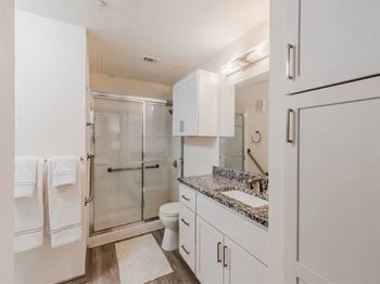 A bathroom with a glass shower door and a marble countertop.